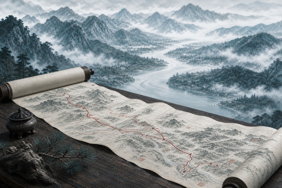 迁徙地图与山河水岸组成的故里视频画面