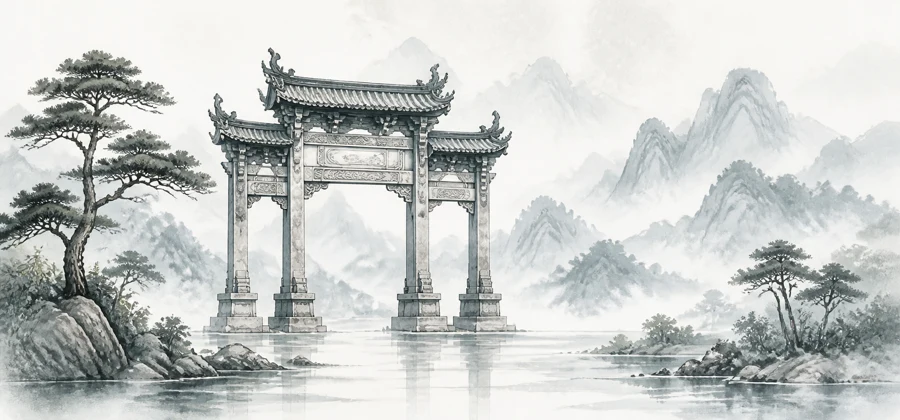 水墨牌坊与松山活动场景