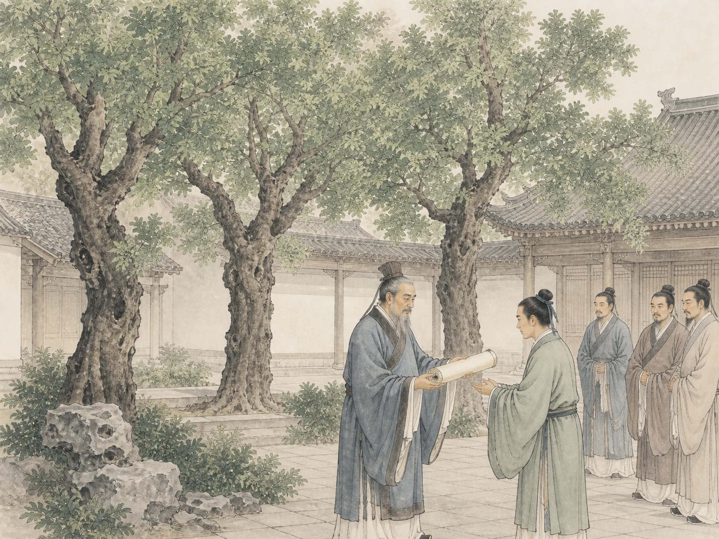 三株槐树下长辈传授家训的场景