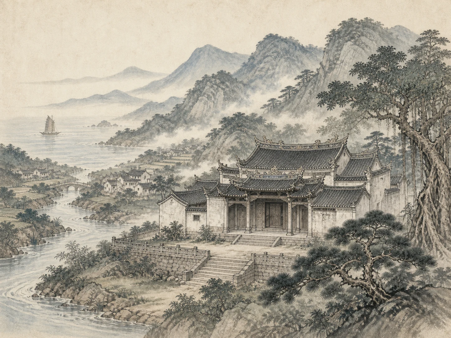 闽地山水与王氏宗祠溯源场景