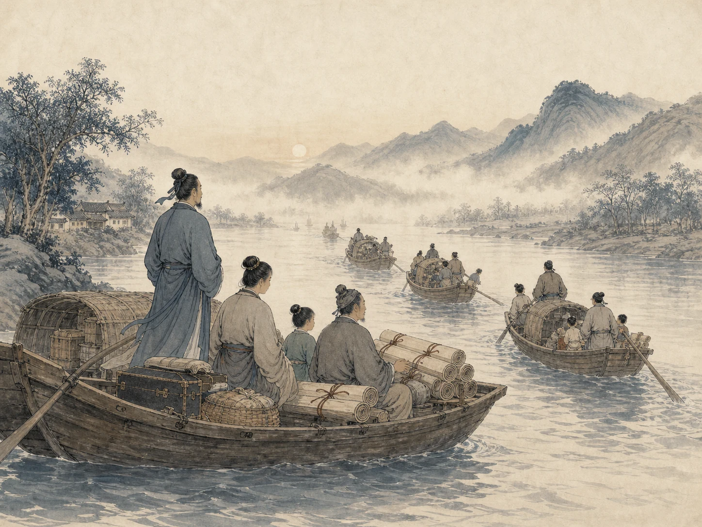 琅琊王氏族人携谱牒渡江南迁场景